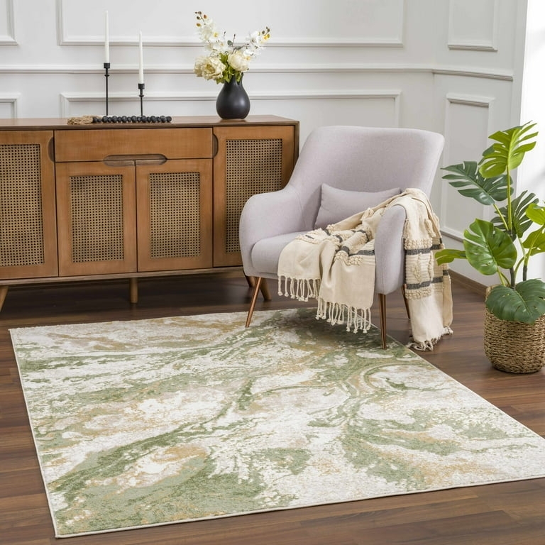 Area Rug Contemporary Organic Swirl Pattern Green Marble Look