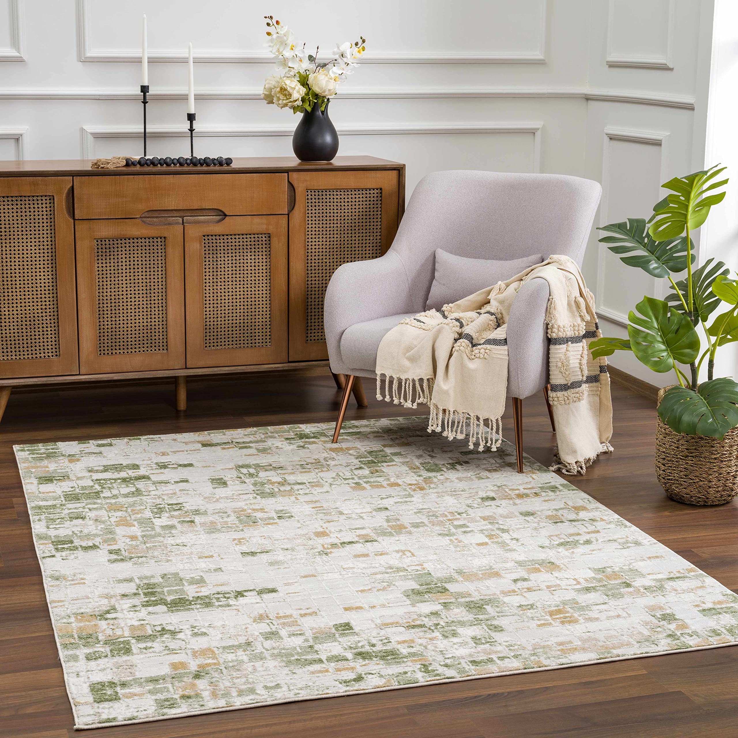 Area Rug Contemporary Pixelated Square Tiles Ivory Abstract
