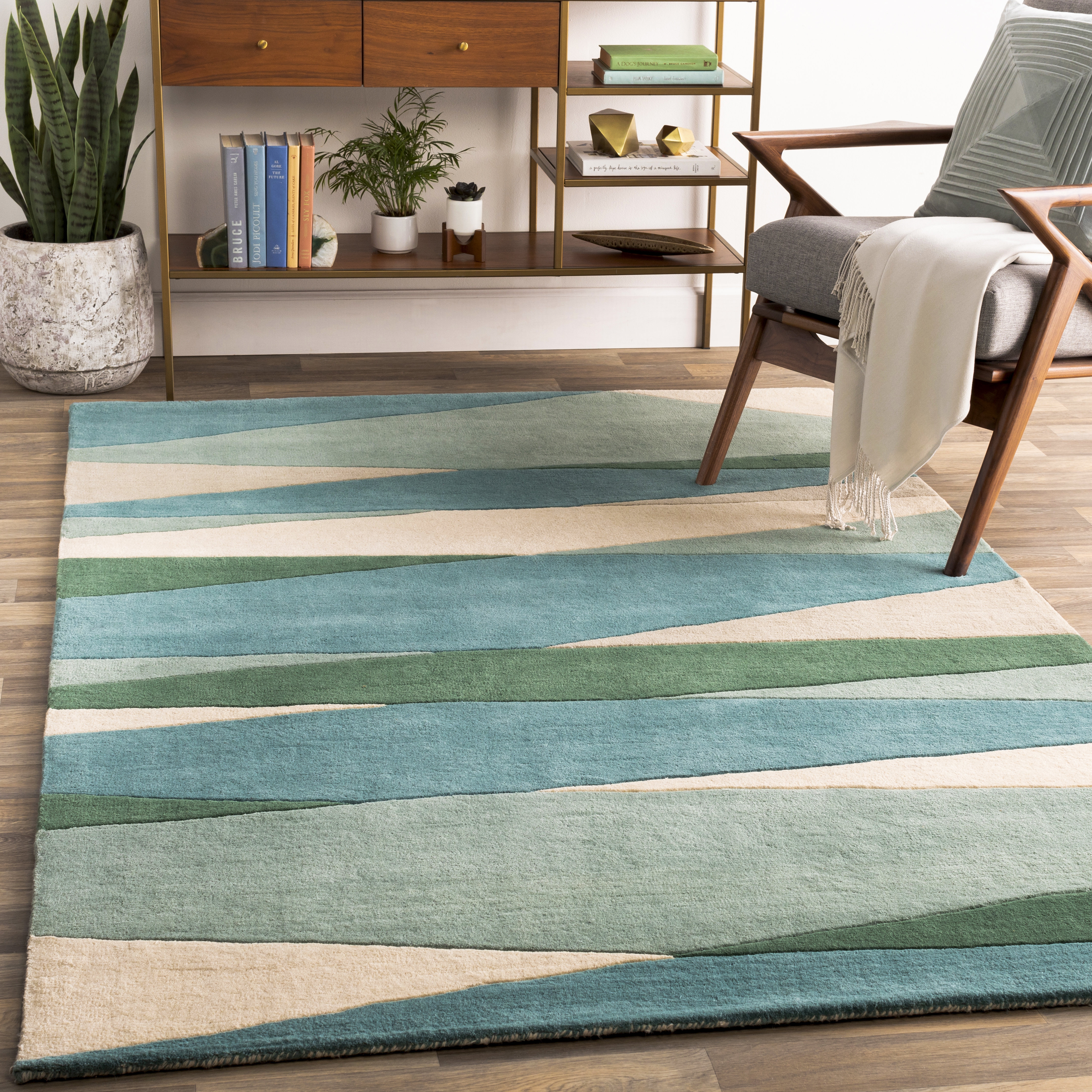 Area Rug Dark Green Palette Wavy Geometric Hand Tufted