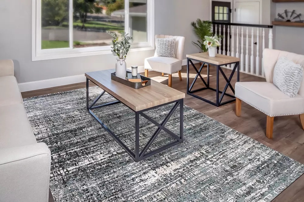 Area Rug: Distressed Blue Pattern with Metal Base Tables