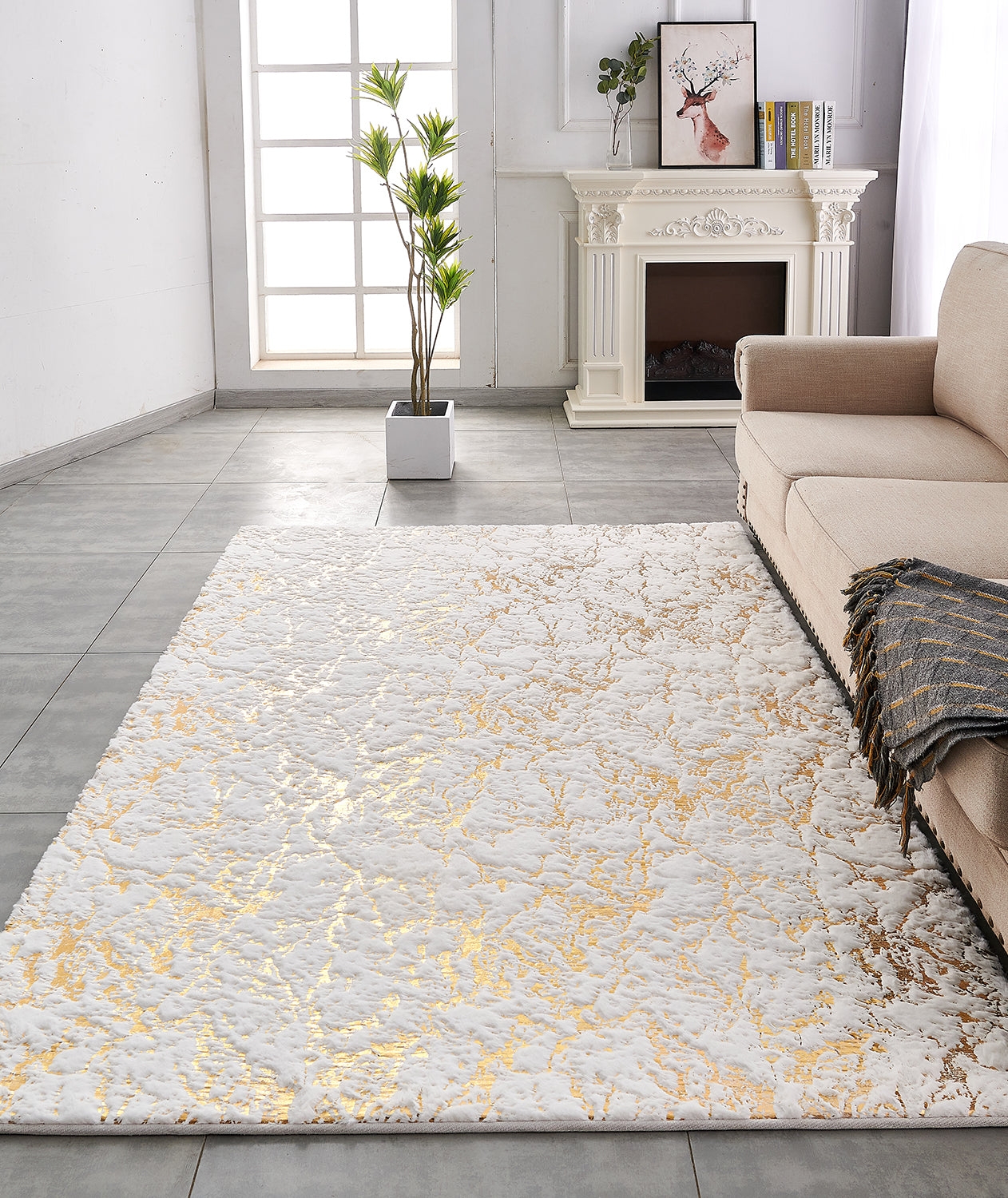 Area Rug Gilded Abstract White Abstract Faux Fur Rug