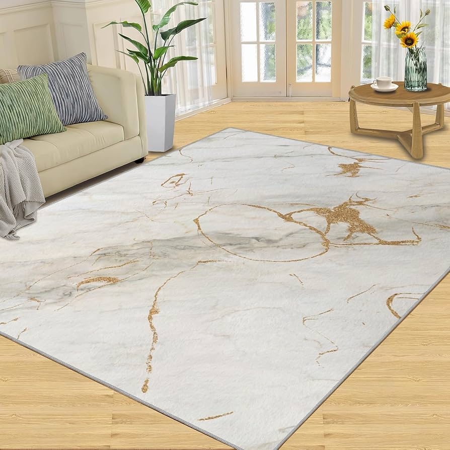 Area Rug Gold Marble Print Abstract White Floor Rug
