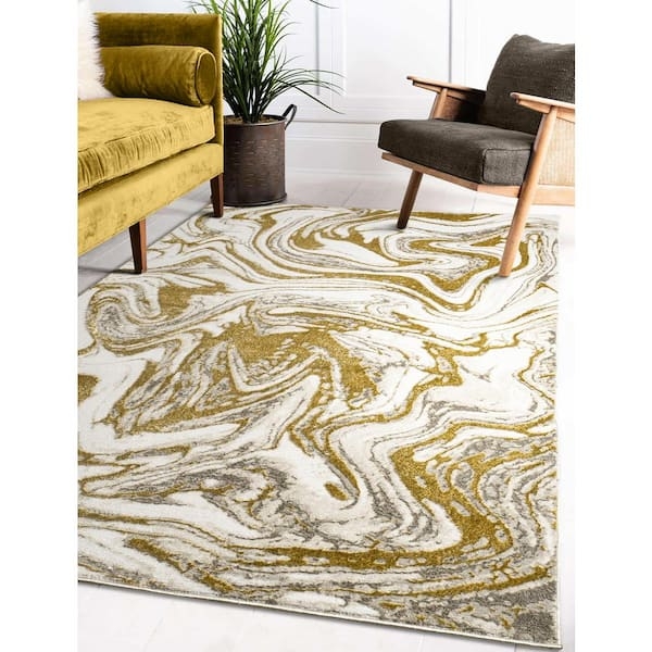 Area Rug Gold Marbled Pattern White and Gold Swirl Rug