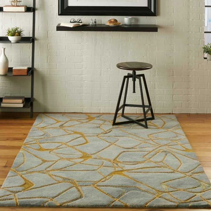 Area Rug Golden Geometric Overlay and Slate Grey Base