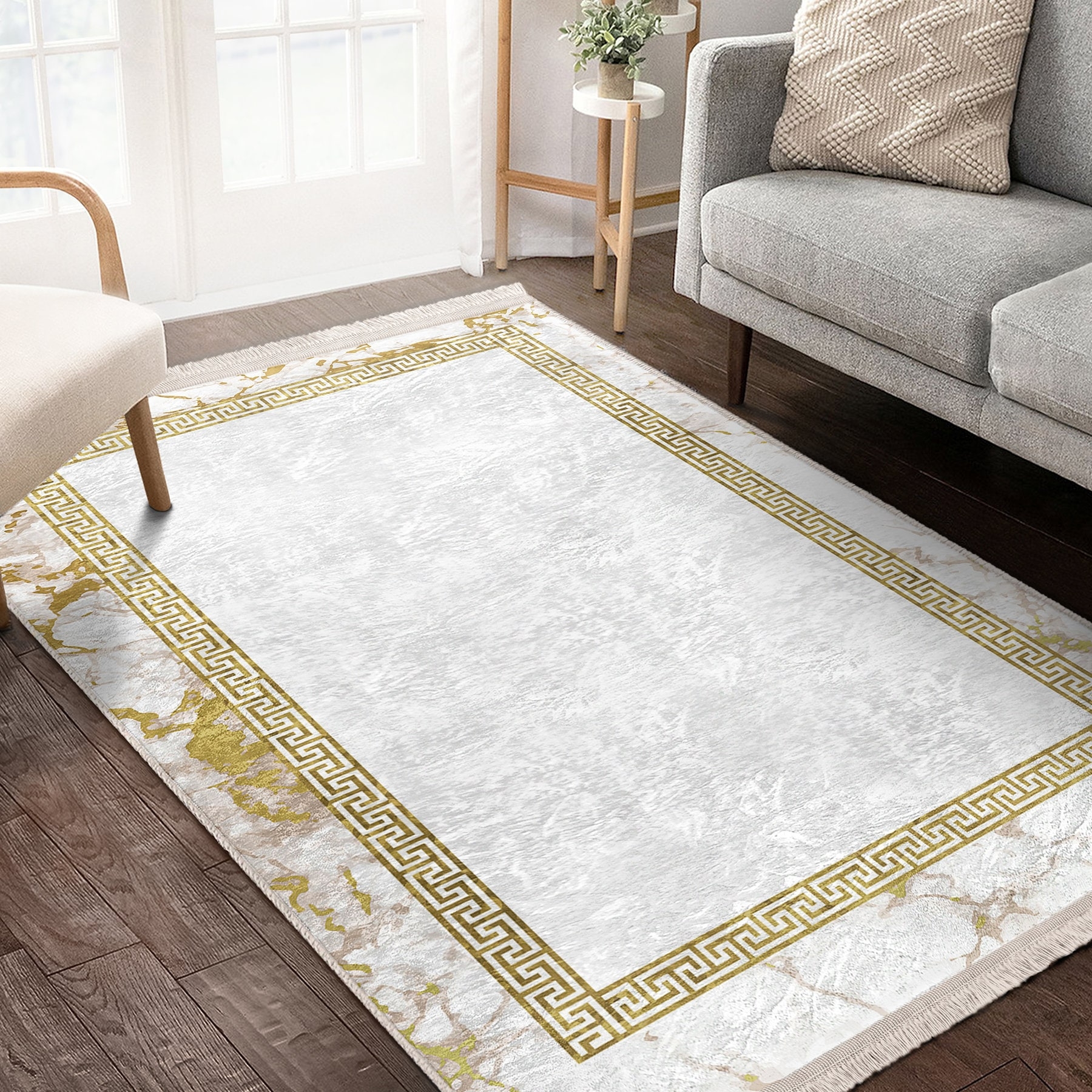 Area Rug Greek Key Frame Marble Border Rug Fringed