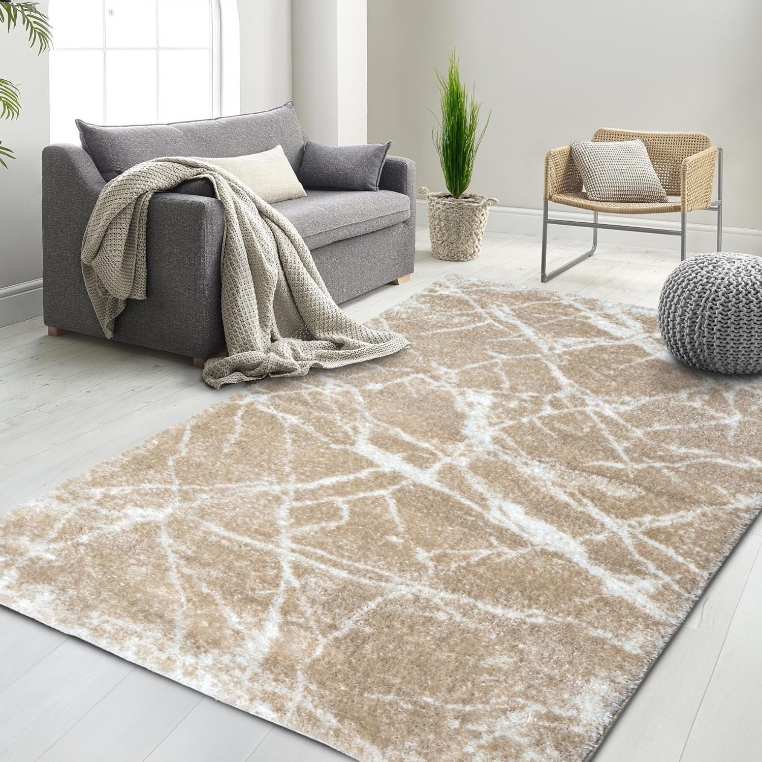 Area Rug High Pile Marble Pattern Abstract Veined Shaggy
