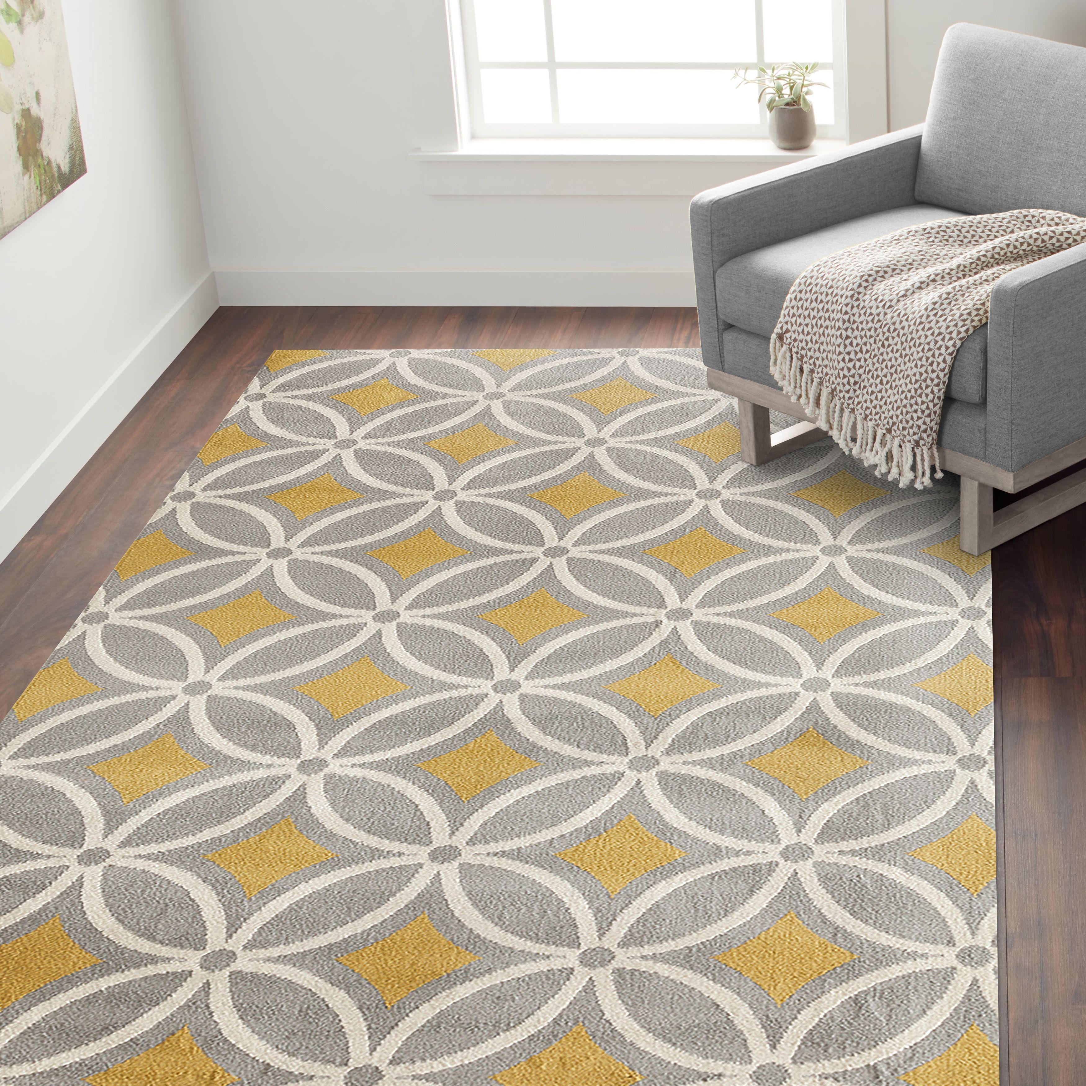 Area Rug Interlocking Circles and Mustard Diamond Motif