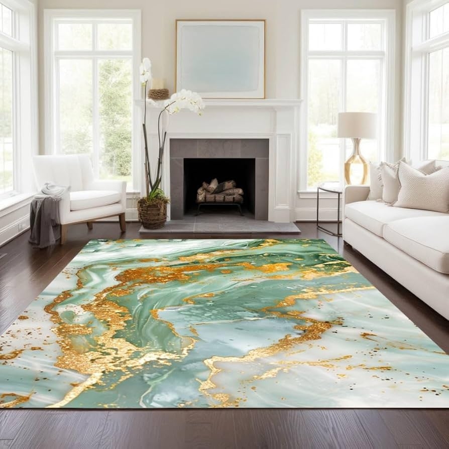 Area Rug Modern Luxe Gold Veining Marble Patterned Sage