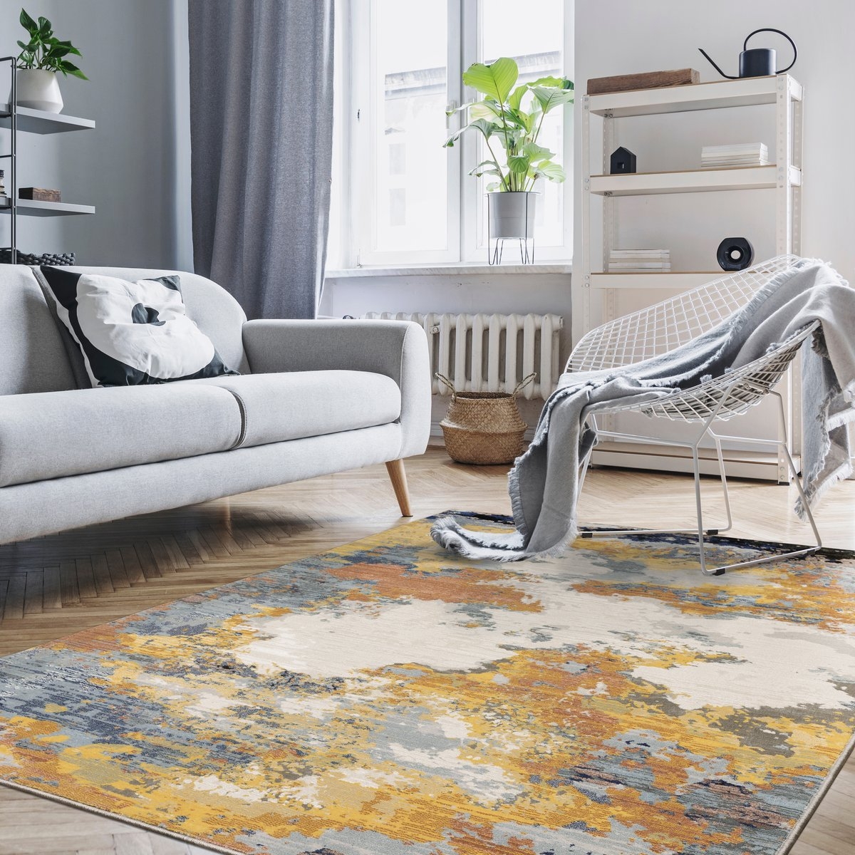 Area Rug Mustard and Blue Palette with Weathered Finish