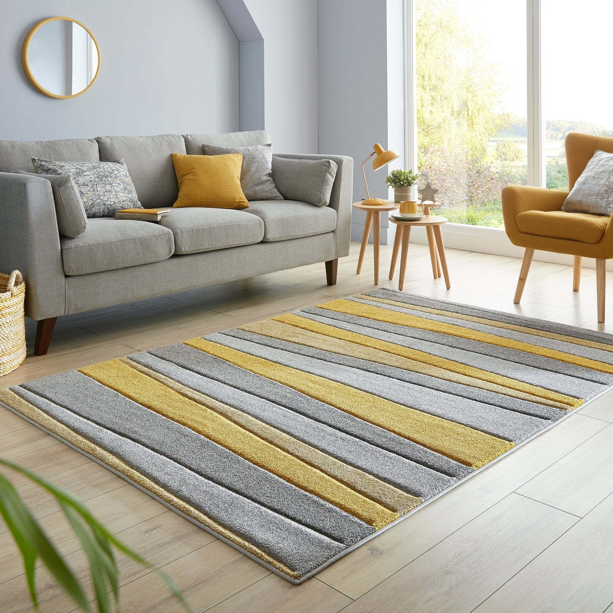 Area Rug Ochre and Grey Stripes in Scandi Modern Style
