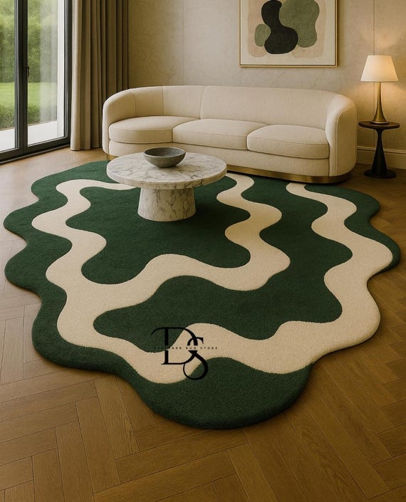 Area Rug Plush Irregular Scalloped Edge Forest Green Wavy