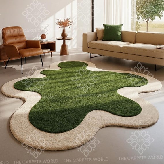Area Rug Retro Funky Blob Shape Forest Green Plush Shag