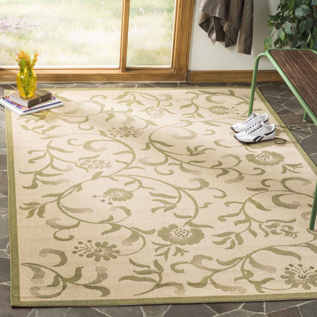 Area Rug Scrolling Vine Pattern Botanical Cream Tan