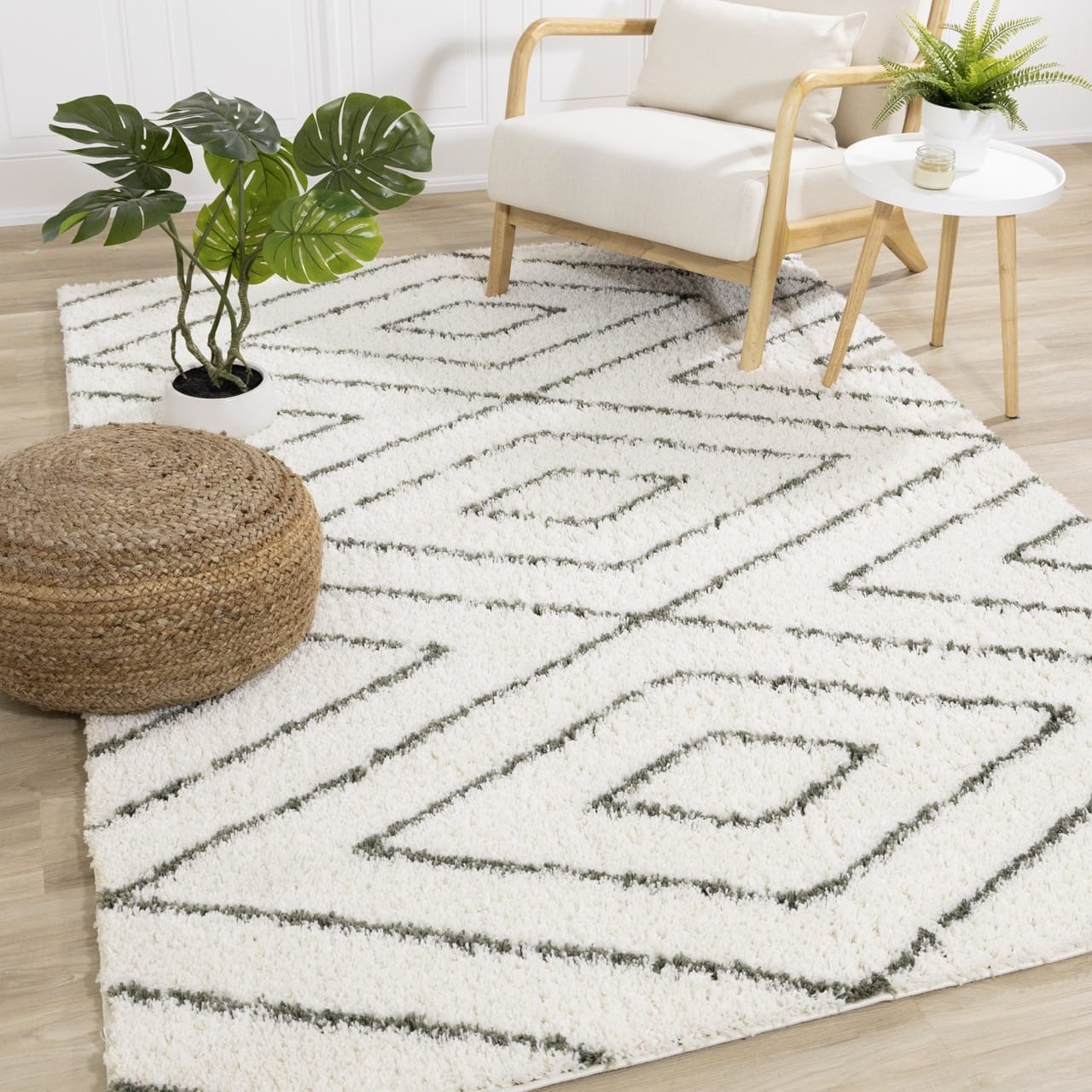 Area Rug Shag Diamond Geometric Pattern High Pile Soft Sage
