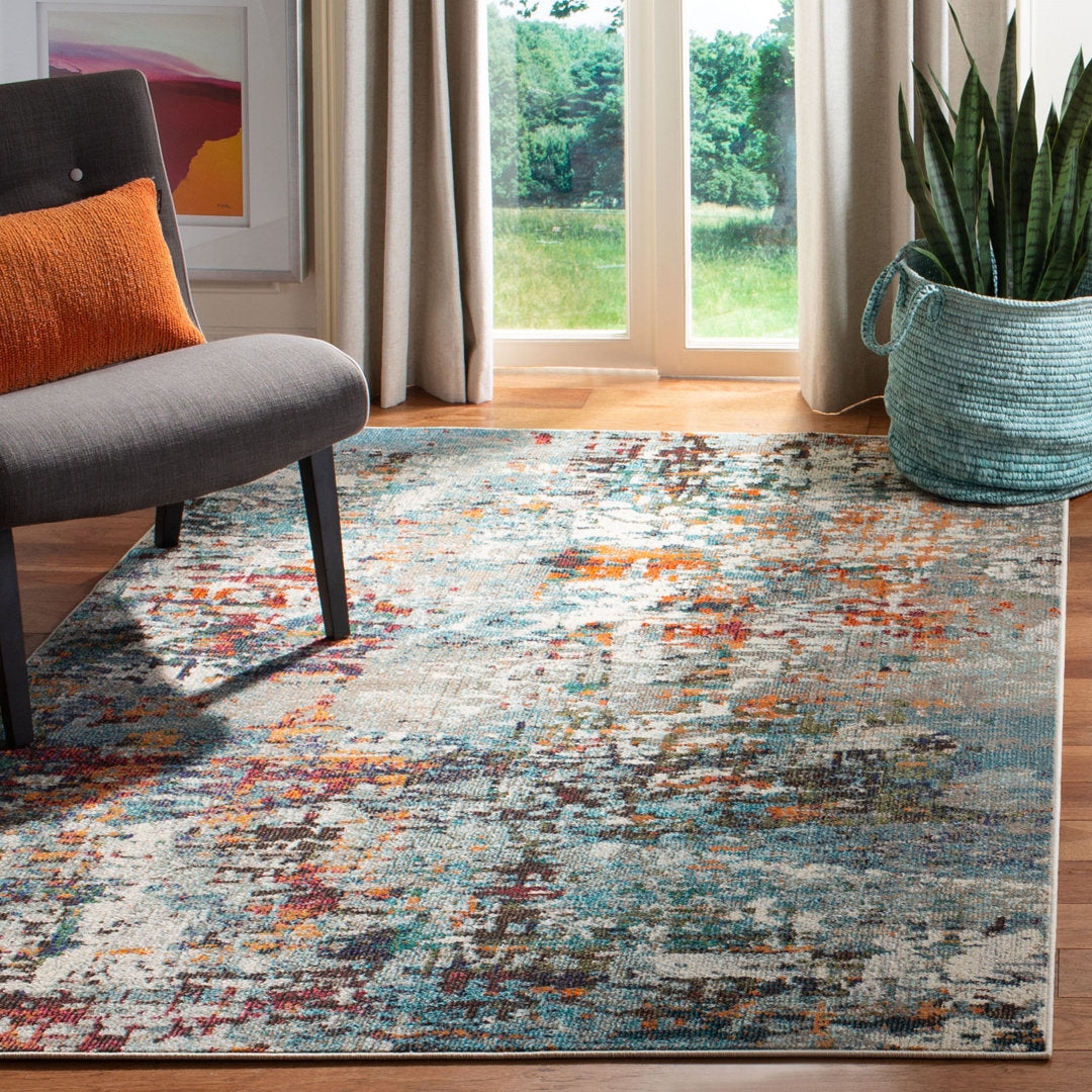 Area Rug Teal Rust Palette Distressed Abstract Decor