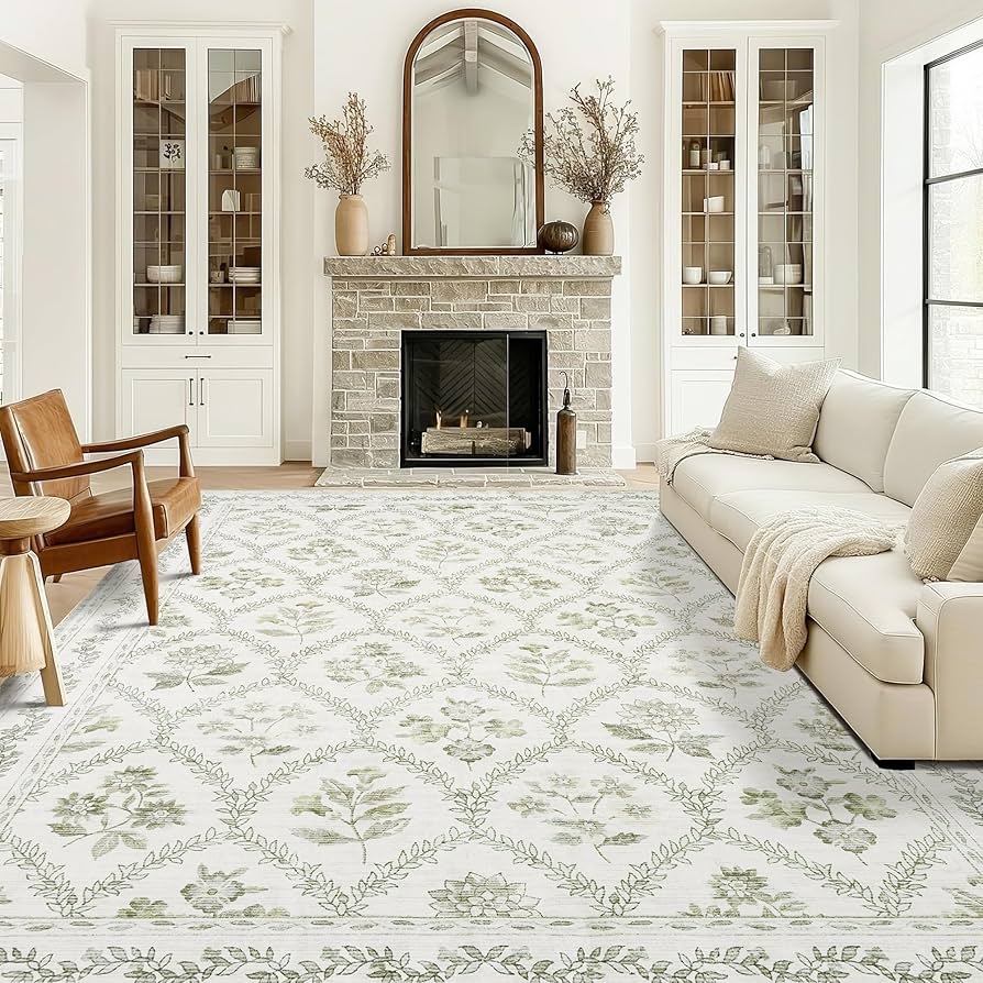 Area Rug Washable Green Floral Lattice Pattern Faux Wool