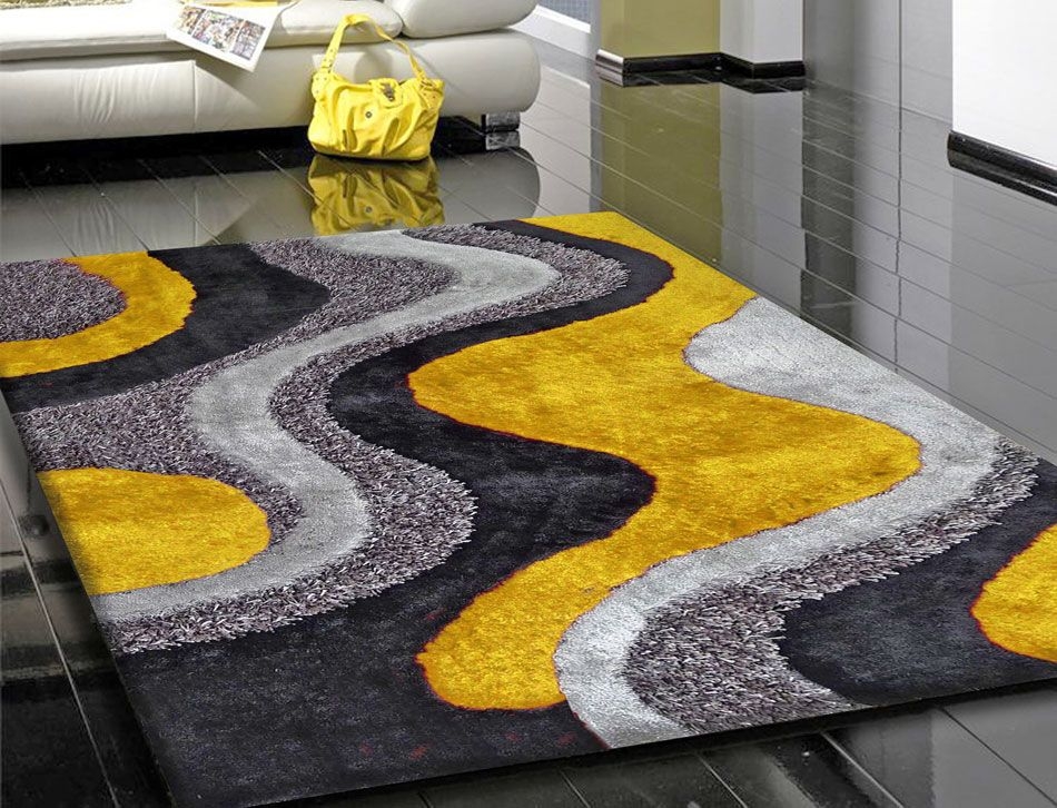 Area Rug Wavy Pattern and Plush Shag Floor Texture