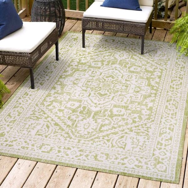 Area Rug Weather Resistant Medallion Pattern Sage Cream