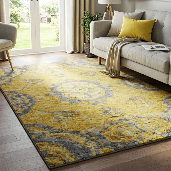 Area Rug Yellow Grey Medallion and Distressed Scroll