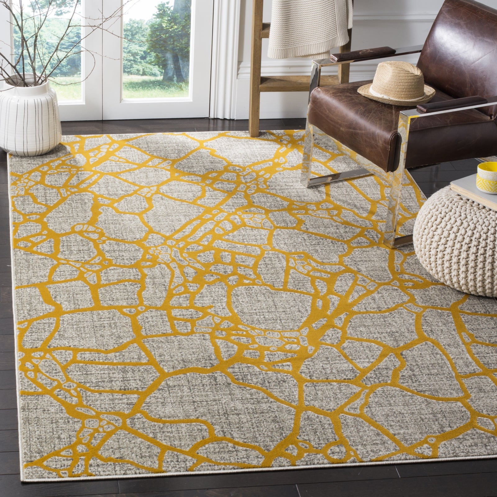 Area Rug Yellow Network Pattern in Contemporary Style