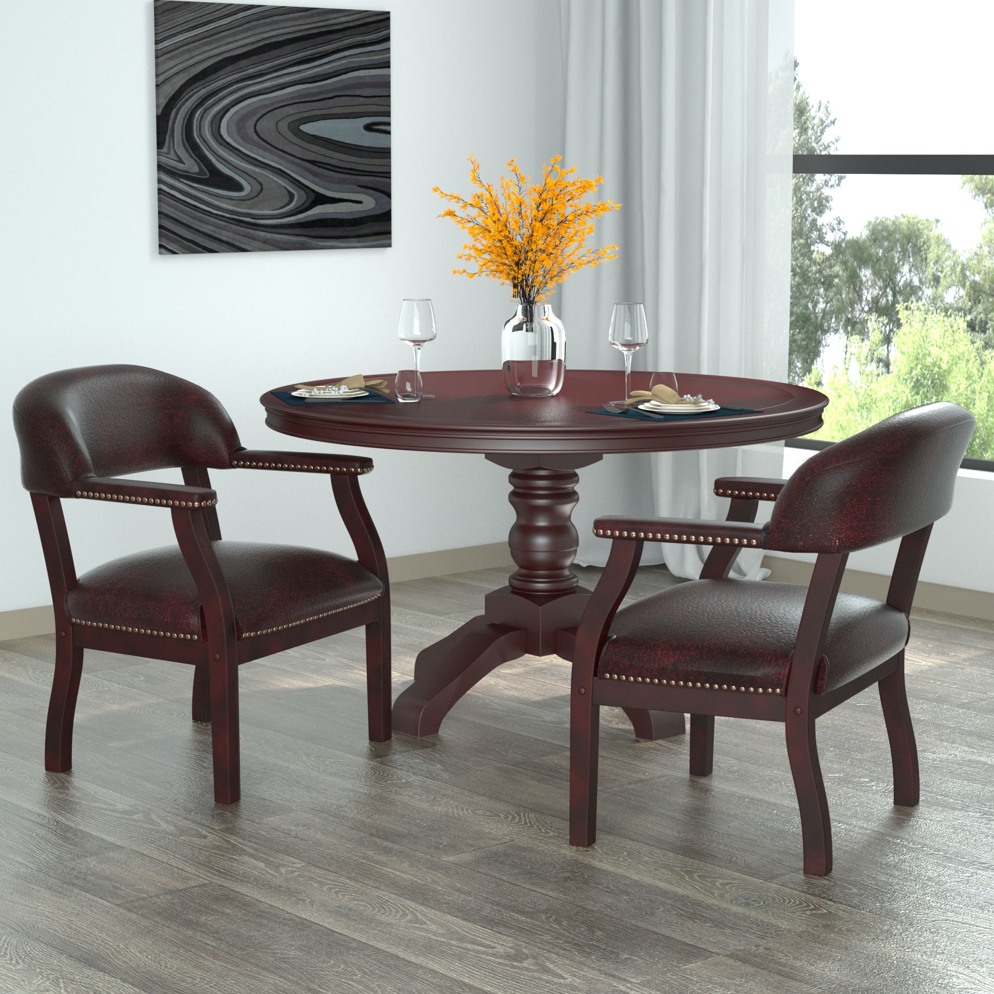 Armchair: Burgundy Vinyl Captain Chair Silhouette with Studs