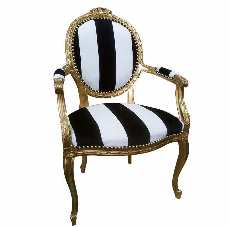 Armchair Striped Medallion Back Gold Leaf Frame Rococo Style
