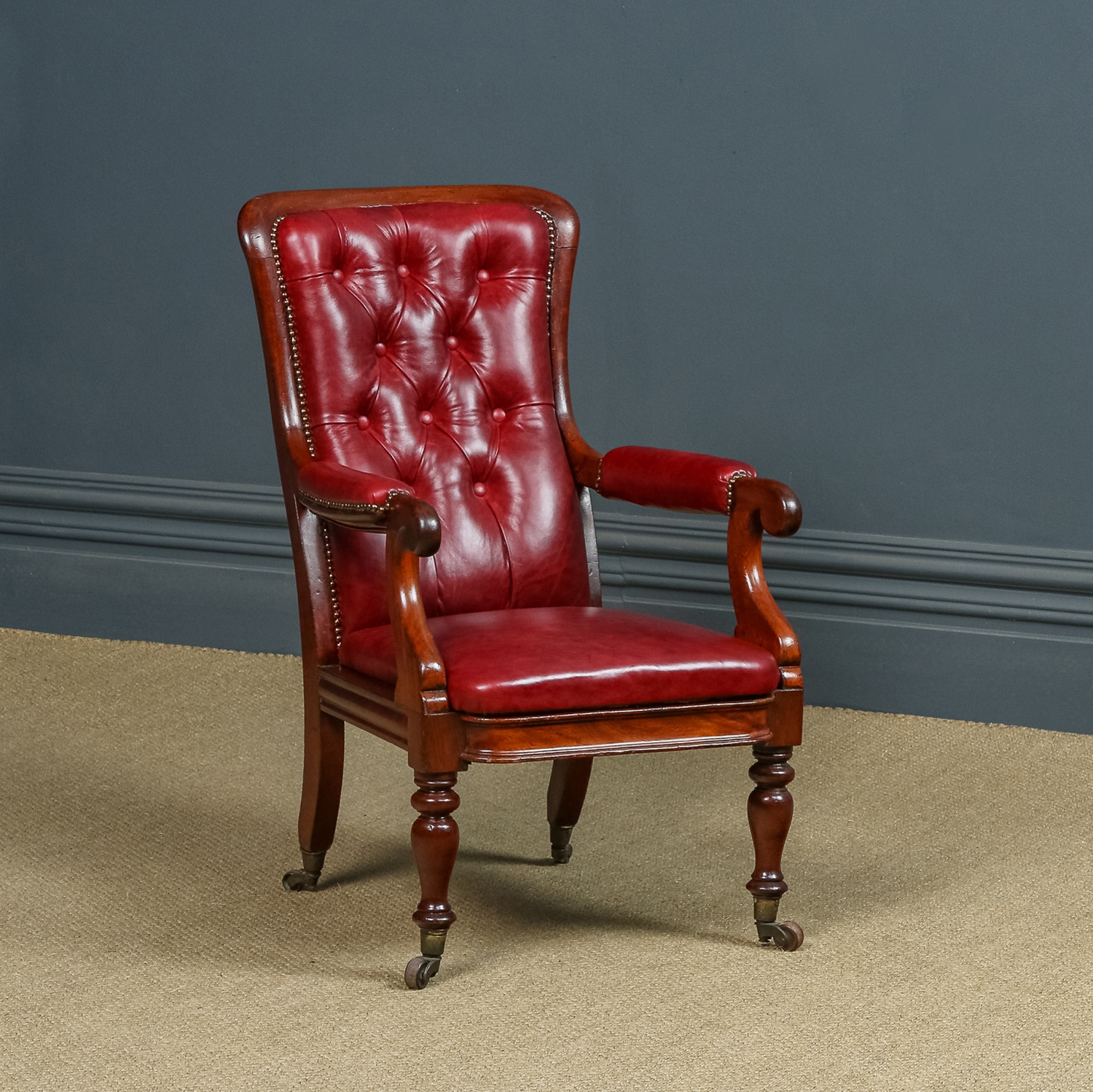 Armchair Victorian Brass Casters Mahogany Library Seating