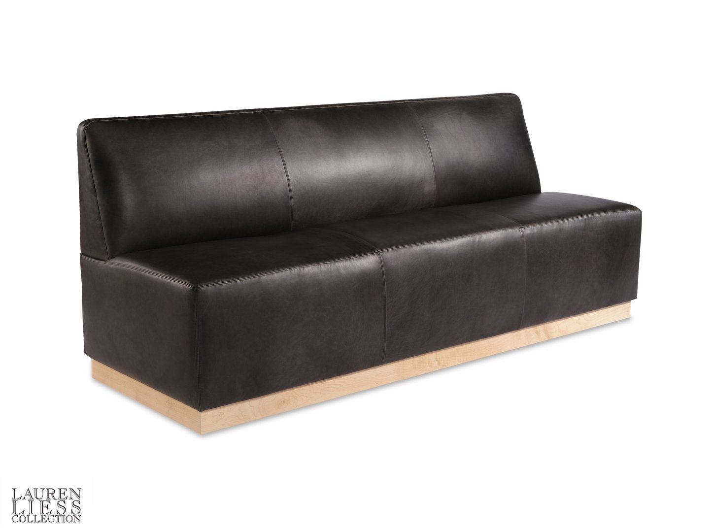Armless Charcoal Banquette with Light Wood Plinth and Three-Panel Seams