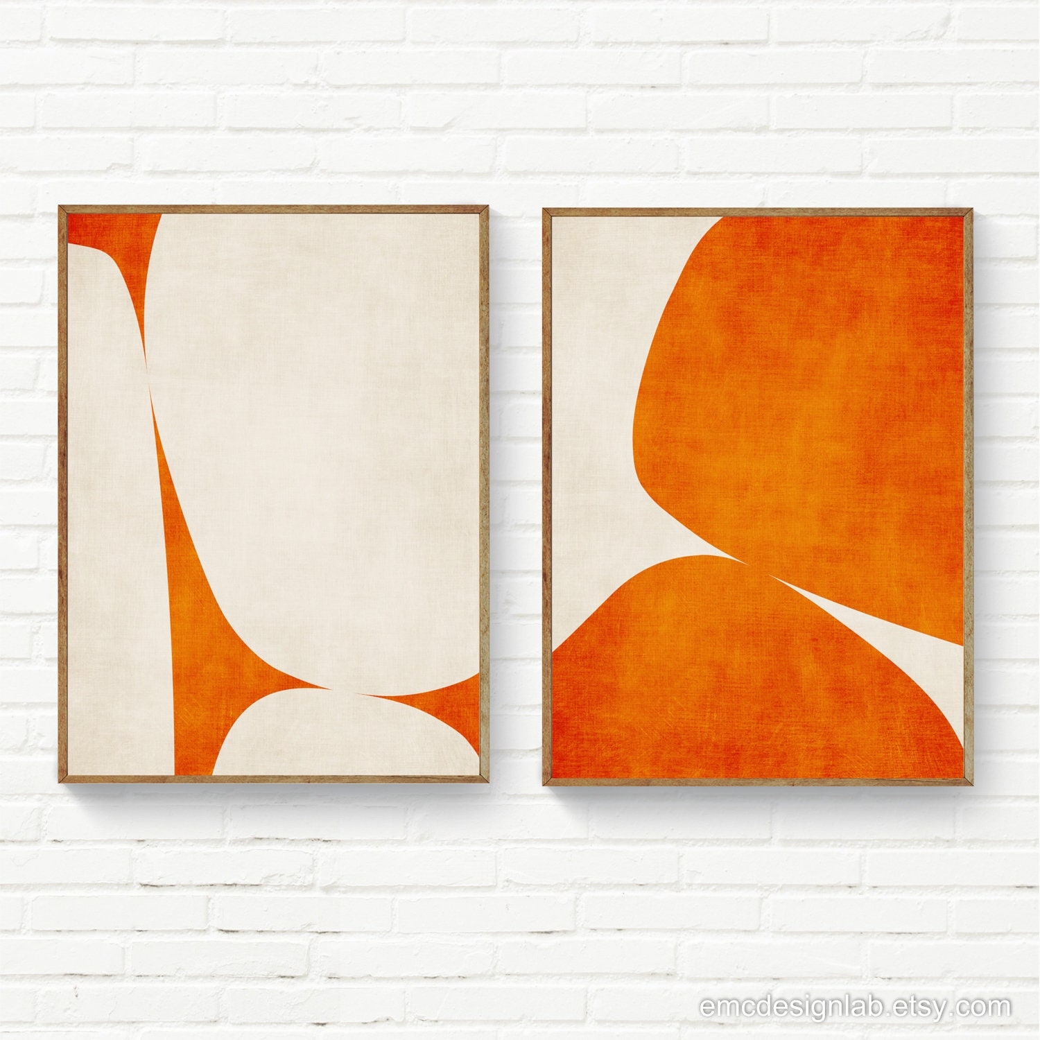 Art Print Set Wood Toned Frames Organic Shapes Minimalist