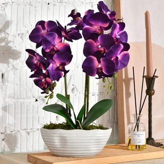 Artificial Orchid Deep Purple Petals Ribbed White Ceramic Planter