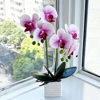 Artificial Orchid Purple White Petals Ribbed Square Vase 14 Inch