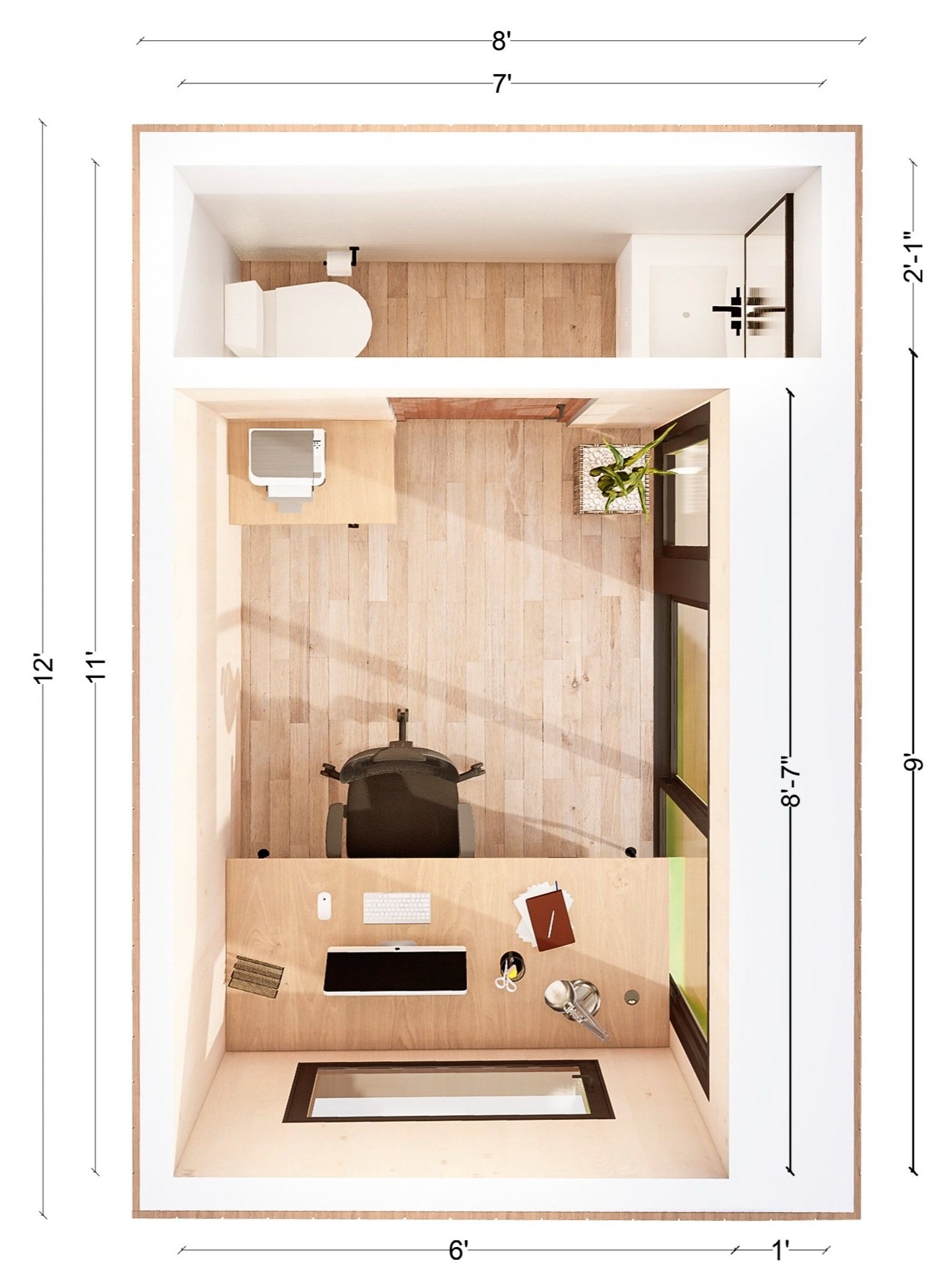 Backyard Office Pod with Built-in Bathroom 8x12 Plan