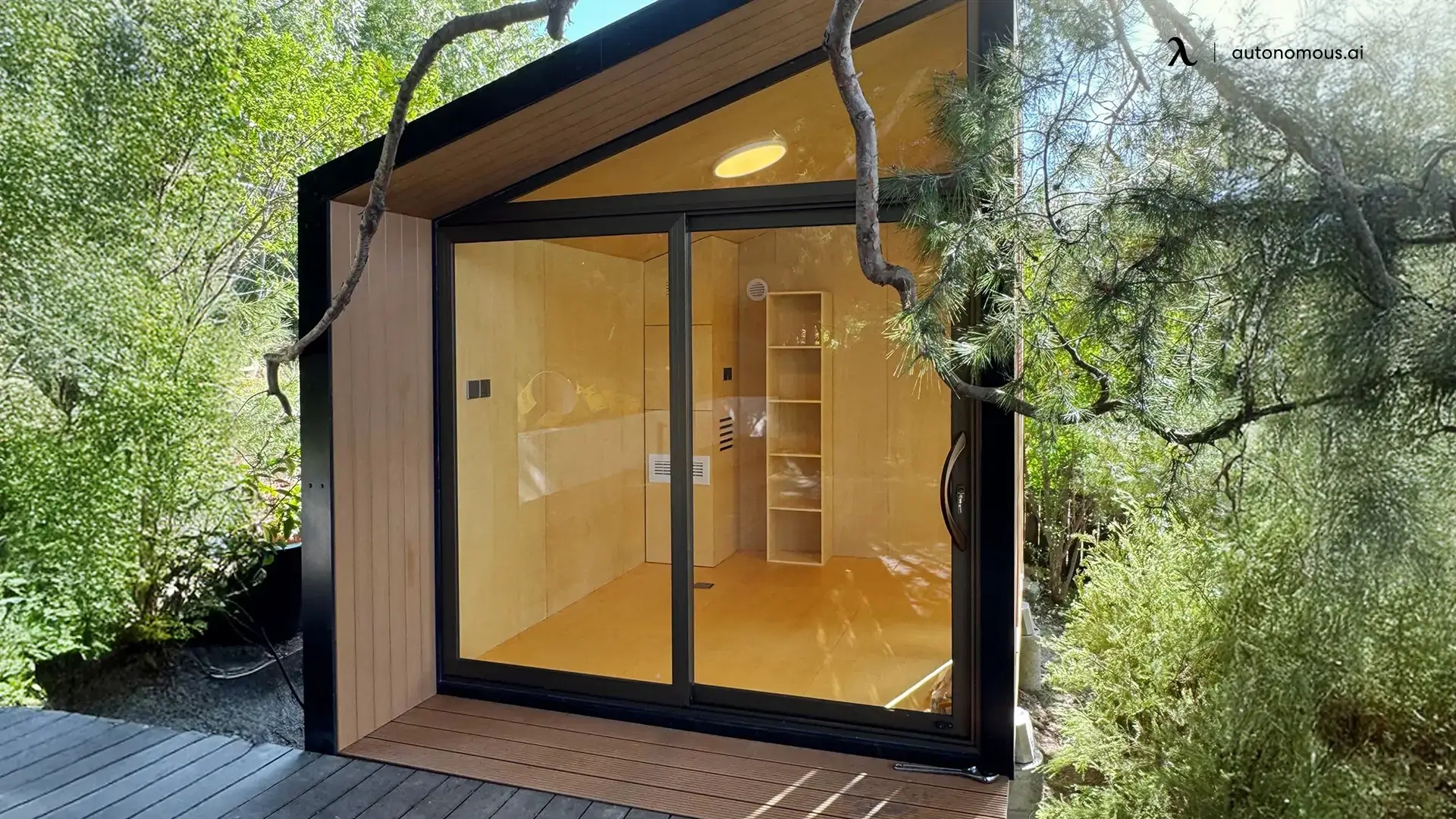 Backyard Office Shed with Floor-to-Ceiling Glass Front