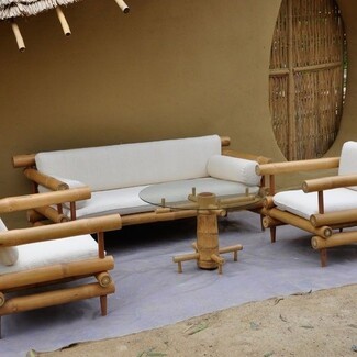 Bamboo Furniture Set: Pedestal Glass Table and Organic Sofa