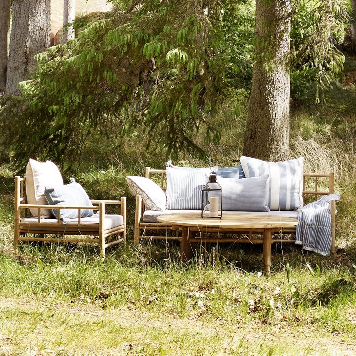 Bamboo Lounge Set Lattice Frame Striped Coastal Outdoor Pillows