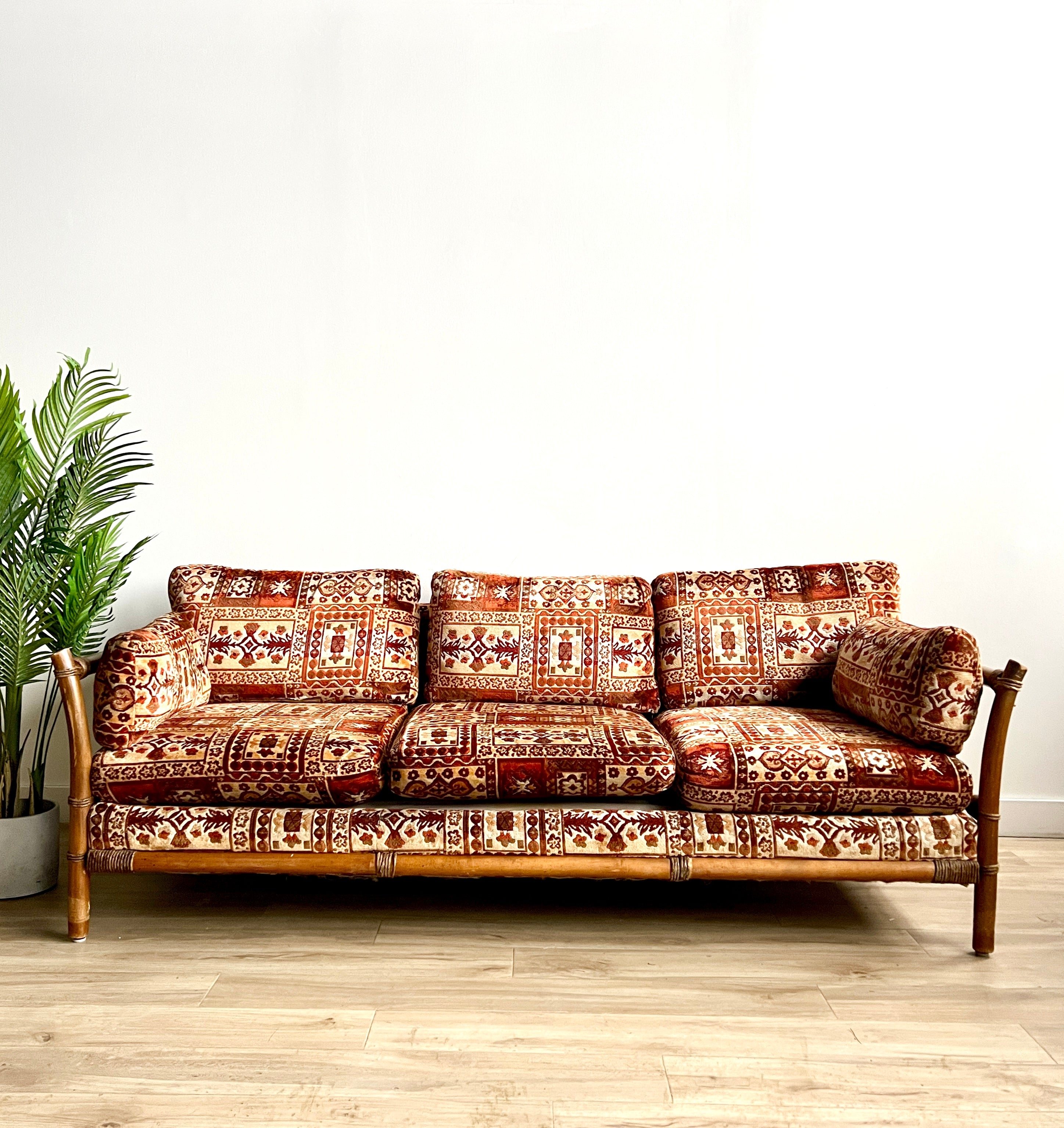 Bamboo Sofa Patchwork Upholstery Eclectic Patterned Seating