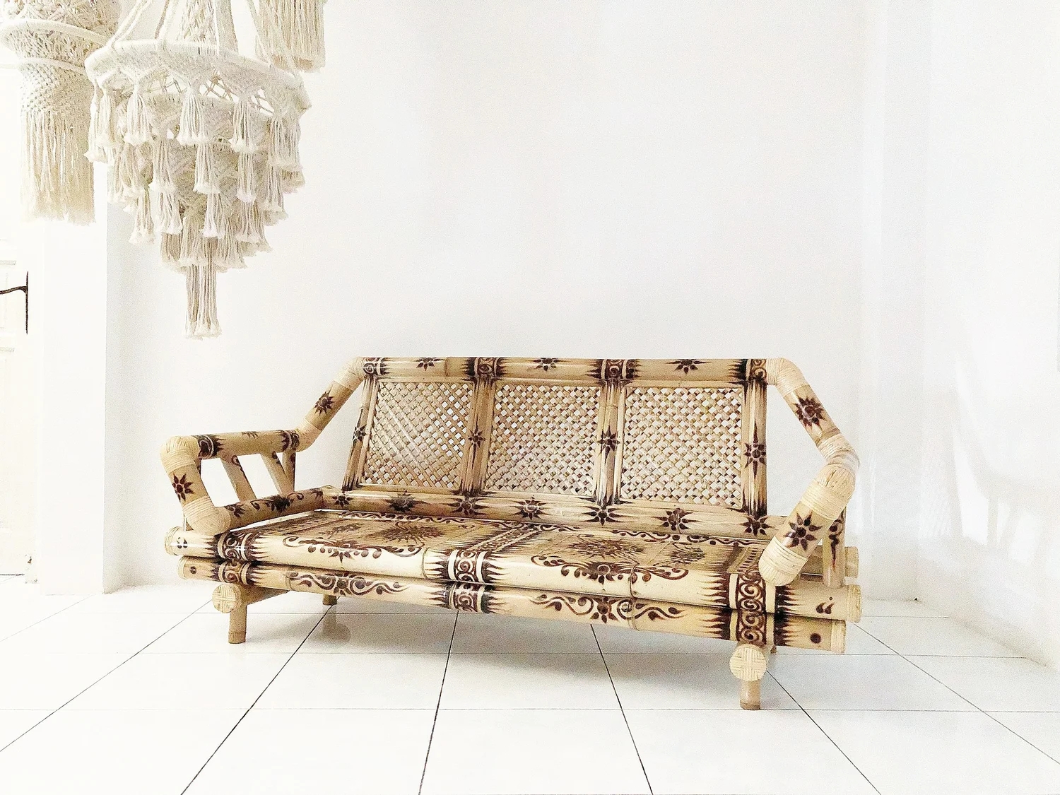 Bamboo Sofa Scorched Pyrography Artisan Bamboo Sofa Floral Etching
