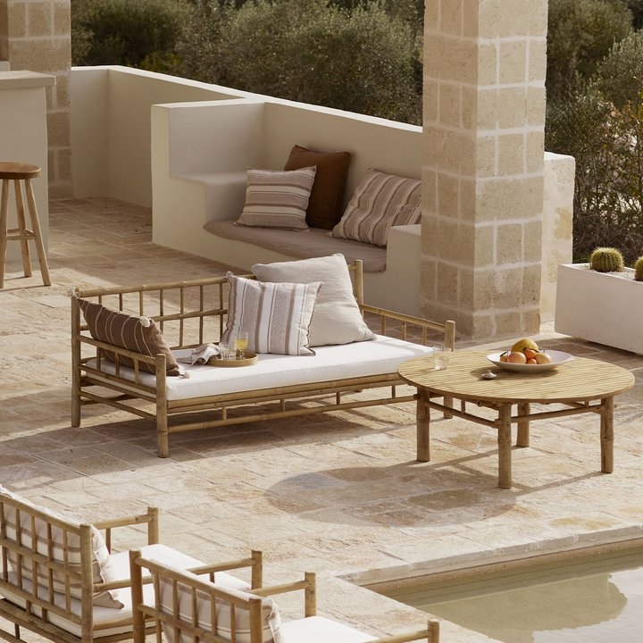 Bamboo Sofa Vertical Rungs White Daybed Mediterranean Lounge