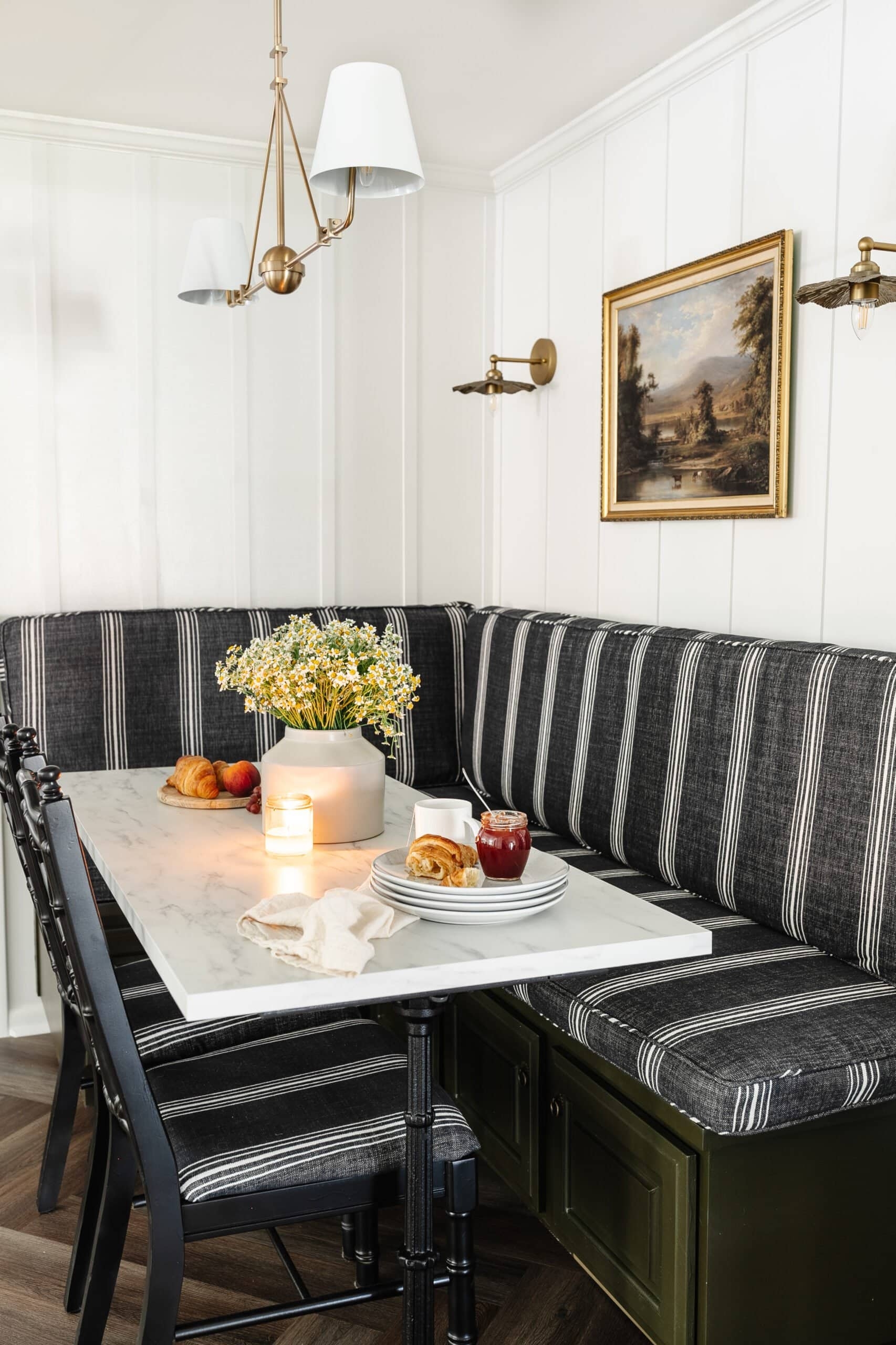 Banquette Nook: Vertical Stripe Seating with Olive Base