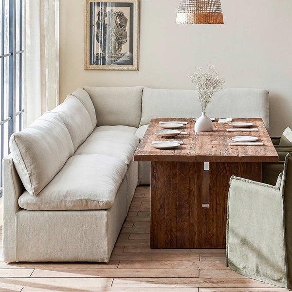 Banquette Seating: Oatmeal Slipcovered Base Plush Cushions