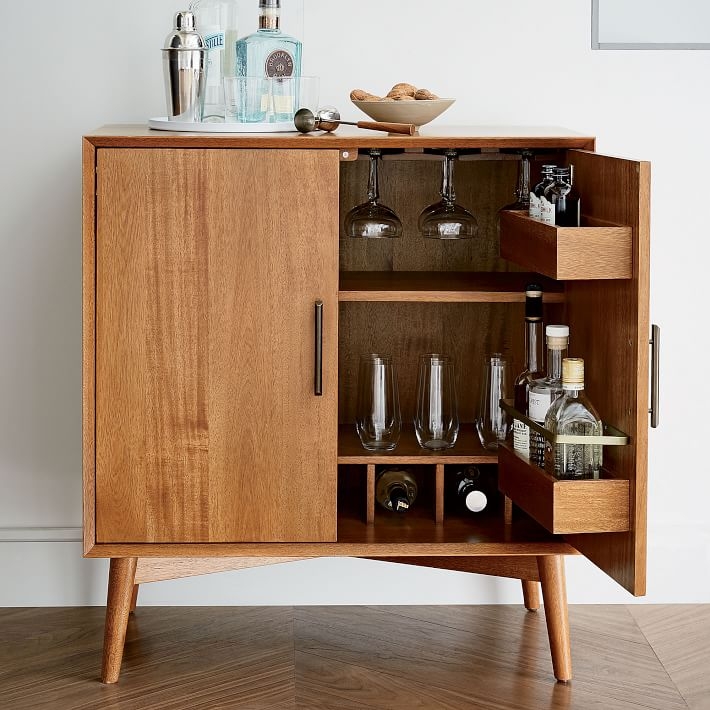 Bar Cabinet Door Storage Bins Tapered Leg Mid-Century Bar Cabinet