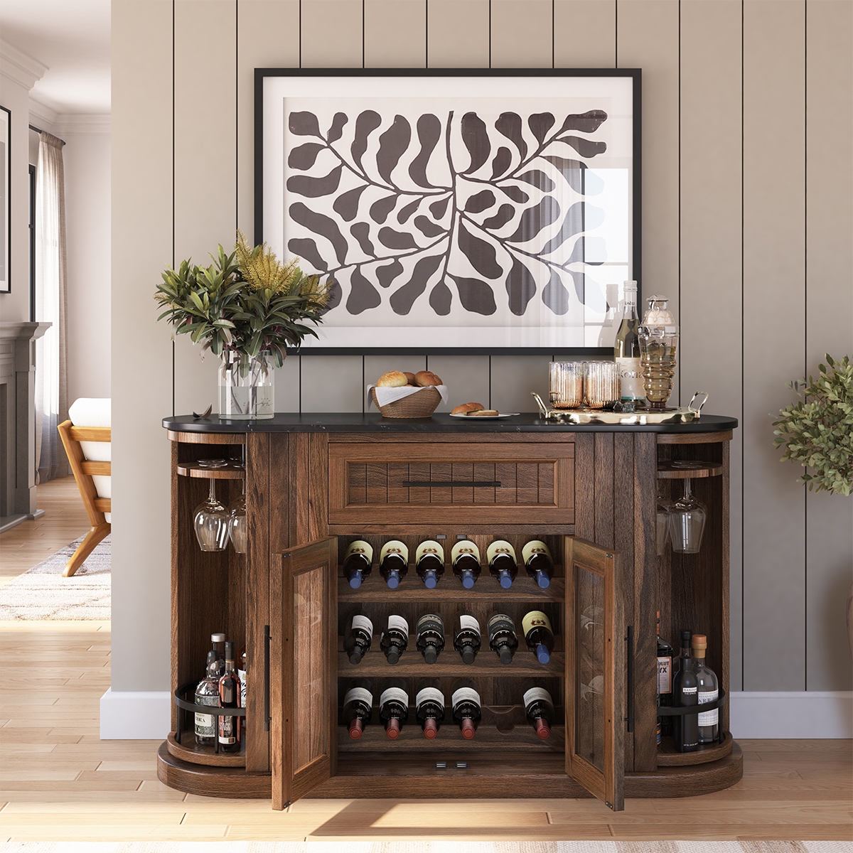 Bar Cabinet featuring Curved Silhouette and Integrated Wine Rack