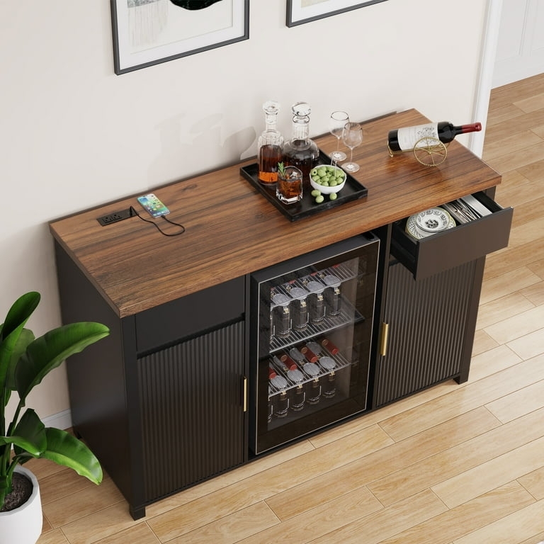 Bar Cabinet: Fluted Texture Matte Black Sideboard with Cooler
