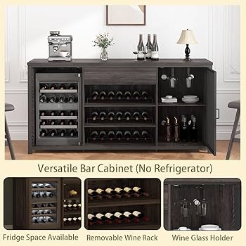 Bar Cabinet: Gray Bar Cabinet 70 Inch Width with Fridge Niche