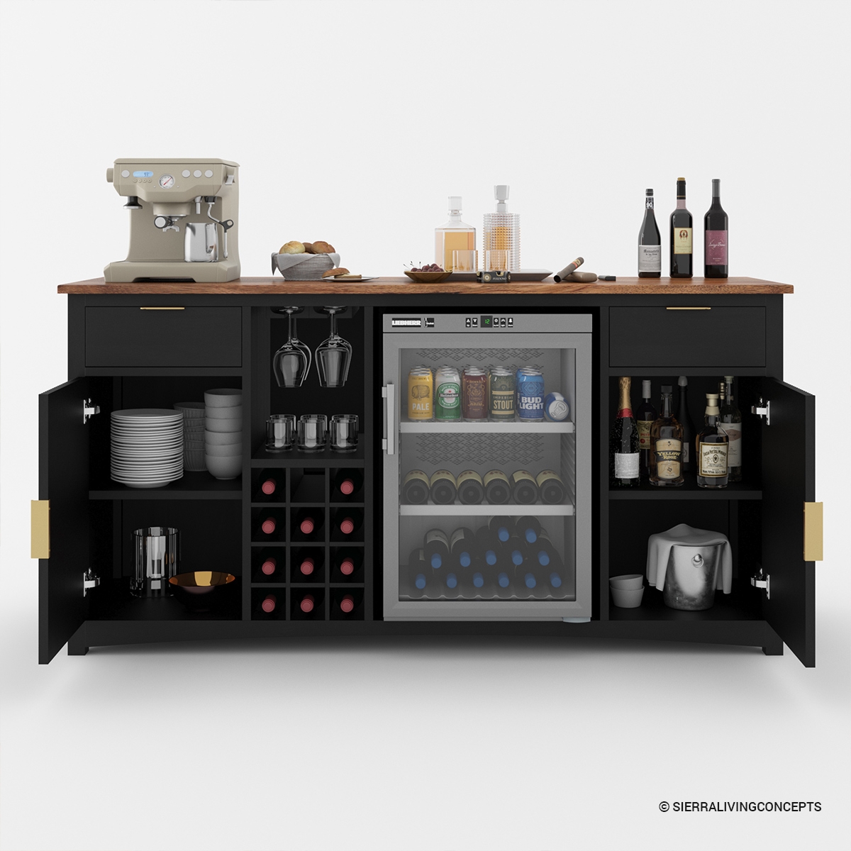 Bar Cabinet: Matte Black Finish with Integrated Beverage Fridge