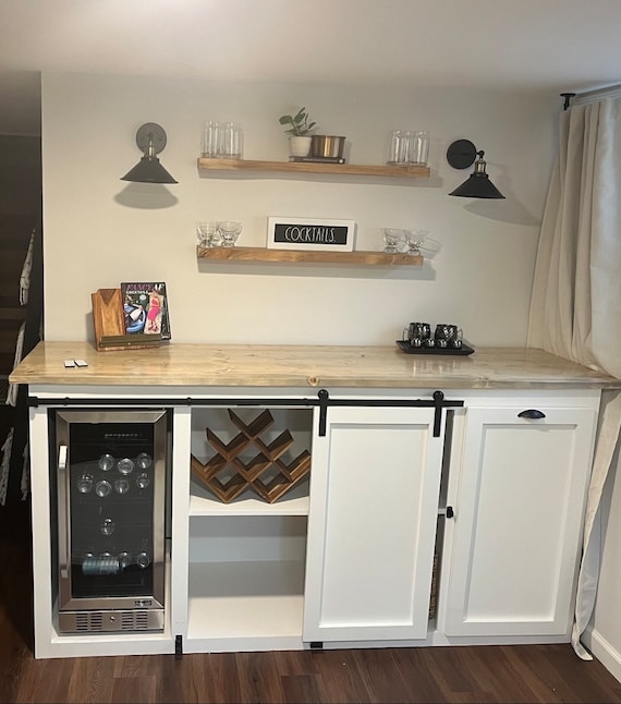 Bar Cabinet: Sliding Barn Door Bar with Built-in Fridge Hutch