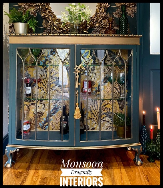 Bar Cabinet Teal Gothic Arched Glass Bar Display