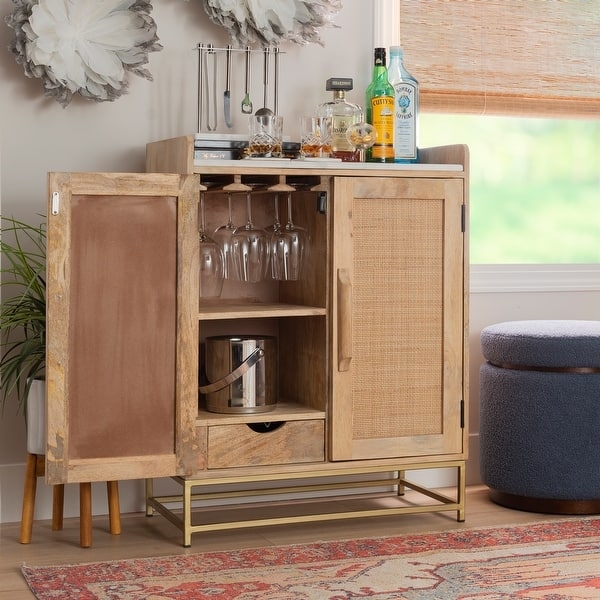 Bar Cabinet with Cane Door Fronts and Gold Metal Base