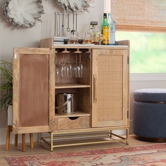 Bar Cabinet with Cane Door Fronts and Gold Metal Base