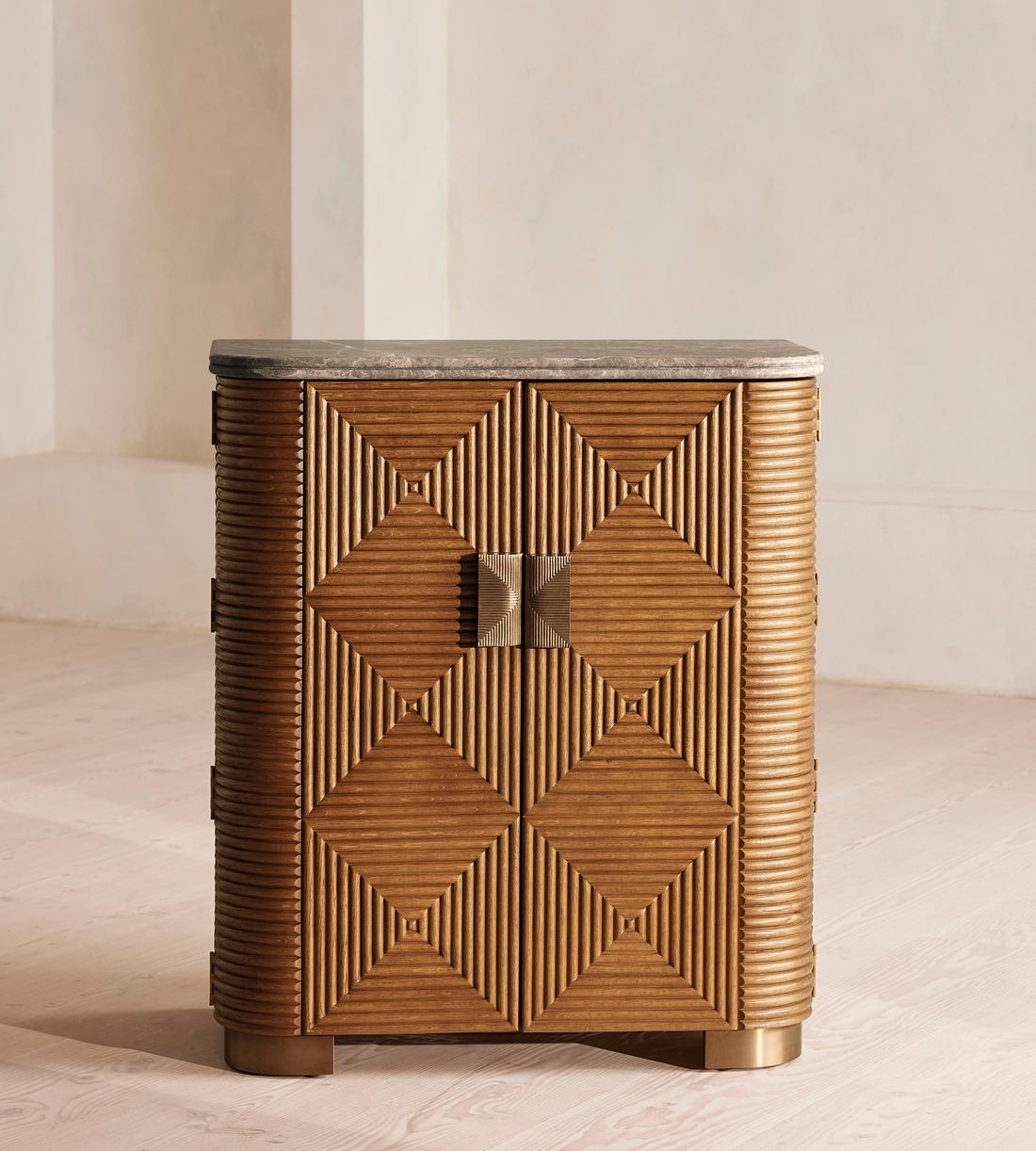 Bar Cabinet with Concentric Diamond Fluting and Grey Marble